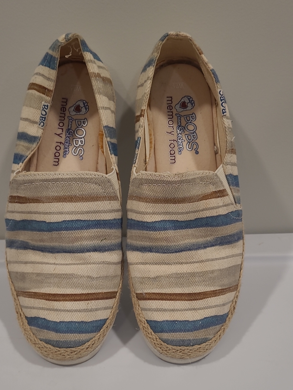 Skechers BOBS Striped Canvas Slip-On Espadrilles in Cream, Blue & Brown